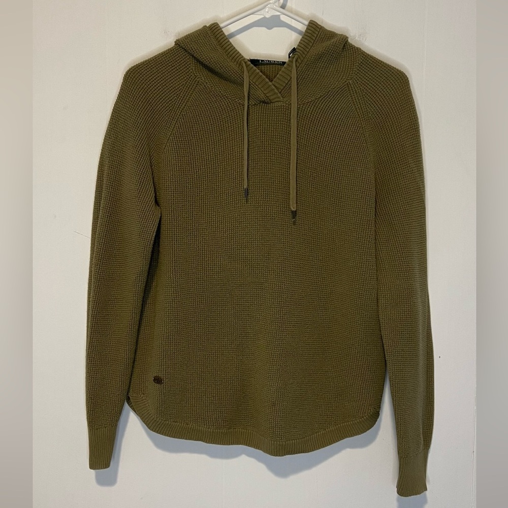 Lauren Ralph Lauren Waffle Knit Hooded Olive Green Long Sleeve Pullover A2